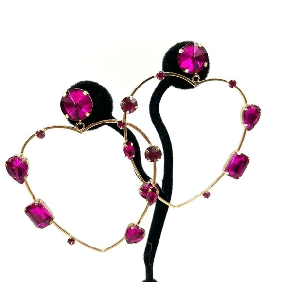 Heart-shaped Earrings Large with Pink Assorted Rhinestones Rose Gold Tone Barbie - Picture 2 of 13